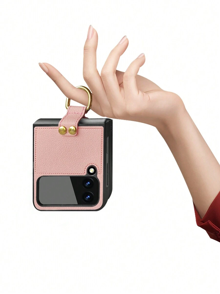 淺粉紅色商務風格全蓋指環pu手機殼,相容於三星galaxy Z Flip可折疊螢幕 - 淺粉色 - 查看 1