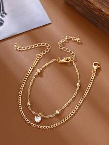 Nooxian 2入組女式時尚簡約鏈條手鍊,帶有立方氧化鋯邪惡之眼和珍珠吊墜,金色 - 金黃色 - 查看 3