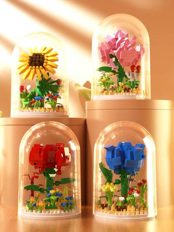 Flower Building Blocks With Dust Cover, Creative Diy Bouquet Adult Collectible Decoration Toy, Plastic Flowers, Desk Ornament, Holiday Gift, Suitable For Home And Office, Some Parts Color Randomization Room Decoration