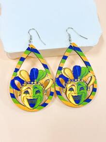 1對木製雕空馬蒂蓋拉斯帽子 & 小丑帽 & 印花口罩垂墜耳環,hip-hop 派對萬聖節女裝戲服配件,完美的朋友約會禮物 - 彩色 - 查看 16