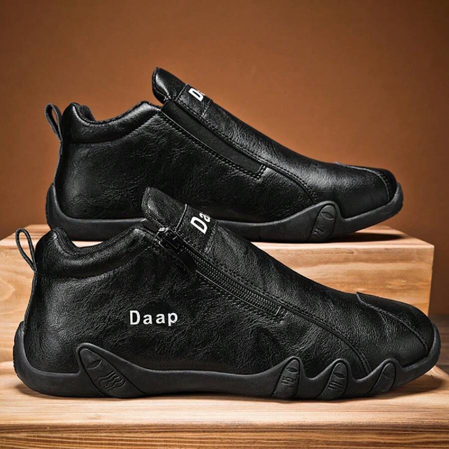 男士中帮休闲鞋，拉链章鱼防滑设计，时尚一脚蹬鞋，透气运动鞋 - 黑色 - 查看 1