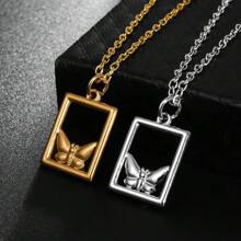 1條時尚不銹鋼情侶方形蝴蝶吊墜項鍊 - 金色 - 查看 6