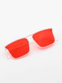 1pc Children's Square Frame Fashion Glasses, Simple And Fashionable, Suitable For Boys And Girls, For Parties, Daily Activities And Outdoor Travel Accessories, Windproof - Red - View 3