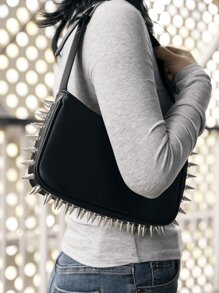 1個哥德風格黑色pu皮革單肩包,側面鑲有鉚釘裝飾,y2k和朋克風格的時尚酷女士錢包 - 黑色 - 查看 2