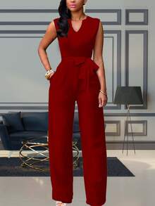 Mono De Pierna Ancha De Cuello Profundo Con Bolsillo y Detalle de Cinturón para Mujer - Rojo violeta - Ver 3