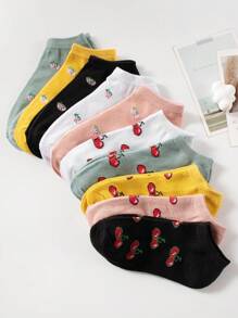 10 雙/套 女用櫻桃草莓圖案短襪,柔軟舒適透氣,休閒可愛,適合日常穿著 - 彩色 - 查看 1