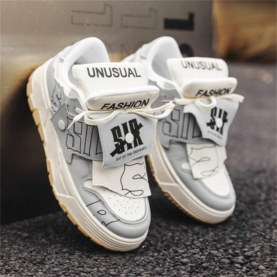 男士設計師麵包鞋,時尚滑板鞋,舒適防滑多功能休閒運動帆布鞋,新款厚底麵包鞋適用於學生 - 灰色 - 查看 1