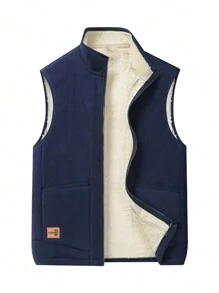 1pc Men's Outdoor Hiking Warm Fleece Vest Jacket With Sherpa Lining Gym Clothes Men - Navy Blue - View 1