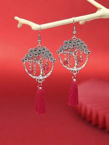 HANQI 3入組新年復古風格女士時尚紅色耳環套裝,帶流蘇,中空設計和鑽石裝飾,適用於日常生活,外出,工作,街頭拍攝,攝影,派對和其他場合 - #2 紅色3對裝 - 查看 13