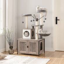 HOOBRO Greige Cat Scratching Post With Cat Litter Tray Cabinet, Cat Tree Tower, All-In-One Cat Furniture For Indoor, Hidden Cat Litter Box Furniture, 132 Cm, Removable Plush Ball Poles - Brown - View 5