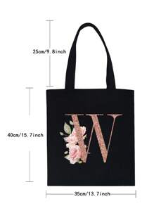 女士购物袋帆布袋手提袋可重复使用杂货手提袋储物袋玫瑰金字母姓名首字母图案旅行单肩包大容量学生手提包大容量帆布手提单肩包杂货袋书包，返校背包，大容量，轻便，便携，适合少女女大学生，非常适合返校、大学、初中、高中、工作、商务、通勤
