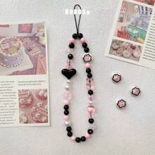 Handmade Black & Pink Beaded Cat Paw & Heart Shaped Phone Strap, Camera Bag Pendant, Diy Chain - Black and Pink Contrast Cat Paw Lanyard - View 4