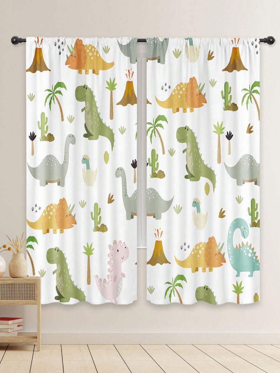 2片/幅恐龍窗簾,彩色卡通和可愛的野生動物印花客廳和臥室家居裝飾,尺寸：42英寸*63英寸 - 彩色 - 查看 1
