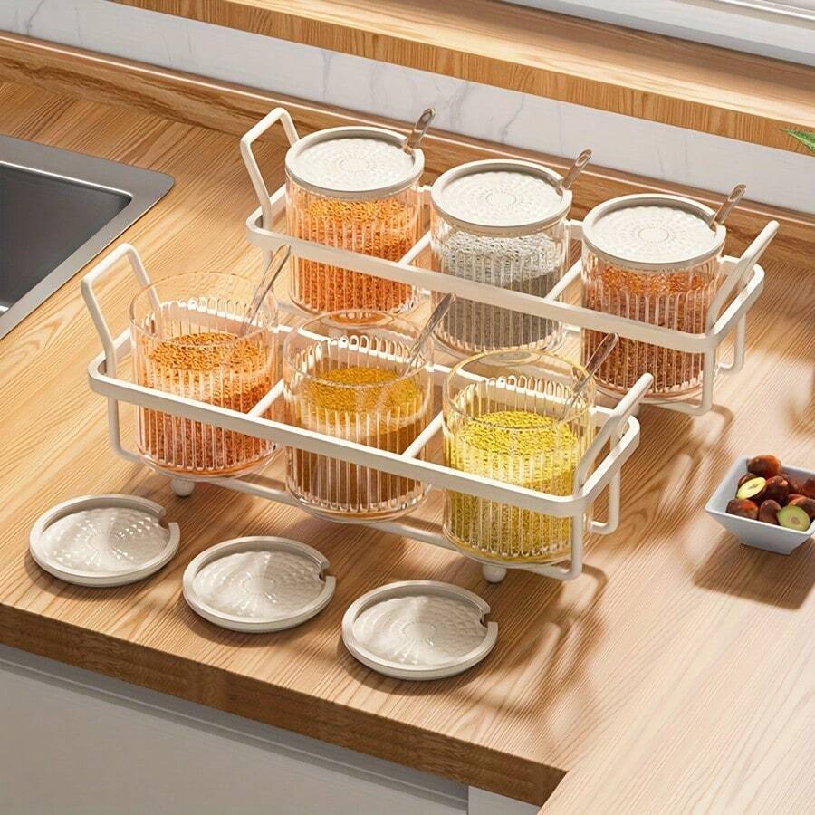 6入組透明香料瓶(帶蓋子和匙羹),適用於鹽巴、糖及各種香料的收納和分裝,調味罐套裝 - 奶油白 - 查看 1