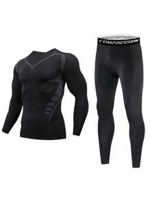 Bộ 2 món/Bộ đồ thể thao bó sát phong cách bạn trai cho nam xuân thu, áo dài tay thoáng khí thấm hút mồ hôi & quần dài, chạy bộ, quần áo lót bóng đá, quần áo tập gym phong cách bạn trai cho nam, bộ đồ thể thao, bộ đồ thể thao phong cách bạn trai cho nam, trang phục hai mảnh - màu đen - Xem 1