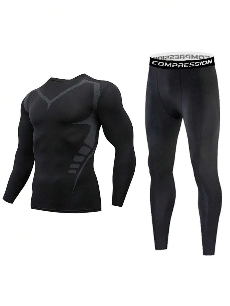 Bộ 2 món/Bộ đồ thể thao bó sát phong cách bạn trai cho nam xuân thu, áo dài tay thoáng khí thấm hút mồ hôi & quần dài, chạy bộ, quần áo lót bóng đá, quần áo tập gym phong cách bạn trai cho nam, bộ đồ thể thao, bộ đồ thể thao phong cách bạn trai cho nam, trang phục hai mảnh - màu đen - Xem 1