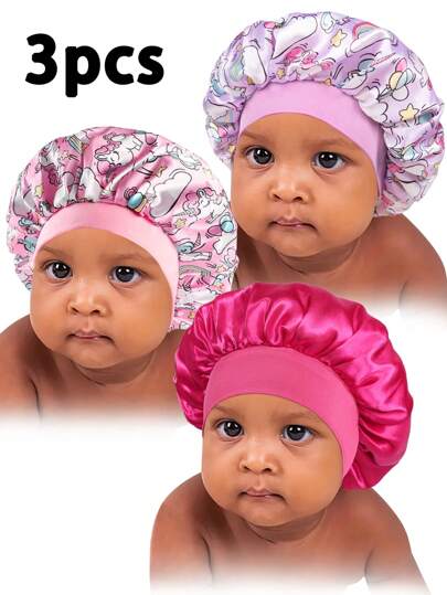 Awegeo 3pcs Kids' Bonnets With Narrow Brim & Various Patterns, Elastic And Comfortable, Soft Breathable Head Wrap Set