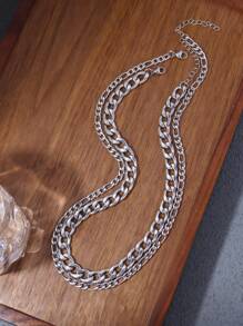 2pcs Stainless Steel Double Layered Thick Chain Necklace Set, Unisex Daily Accessory - Silver - View 7