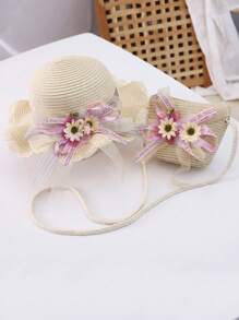 1套女孩可愛公主草帽,花卉布帶,斜背包,遮陽帽,適用於公主外出或日常使用 - 米色 - 查看 1