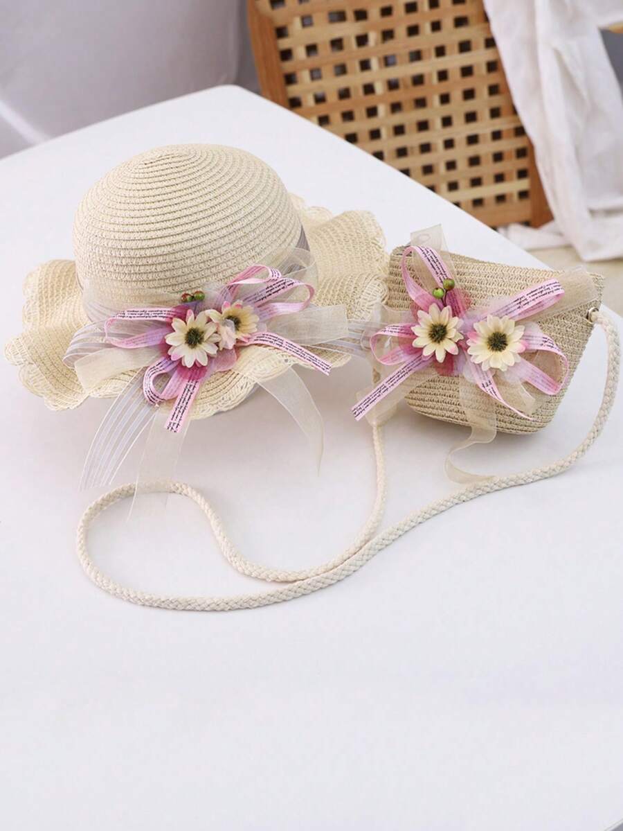 1套女孩可愛公主草帽,花卉布帶,斜背包,遮陽帽,適用於公主外出或日常使用 - 米色 - 查看 1