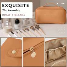 Large Capacity Travel Cosmetic Bag, Multifunctional Makeup Bag, PU Leather Makeup Bag, With Handle And Divider, Travel Cosmetic Bags For Women - 咖啡棕 - 查看 5