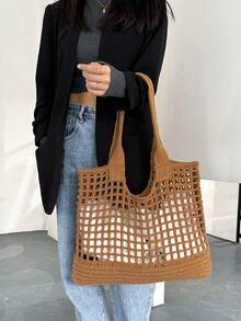 大容量休閒中空設計購物袋編織袋,適用於十幾歲的女孩,女大學生,新手和白領工人,非常適合辦公室,大學,工作,商務,通勤,戶外,旅遊,郊游 - 彩色 - 查看 7