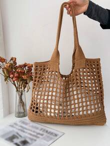 大容量休閒中空設計購物袋編織袋,適用於十幾歲的女孩,女大學生,新手和白領工人,非常適合辦公室,大學,工作,商務,通勤,戶外,旅遊,郊游 - 彩色 - 查看 2