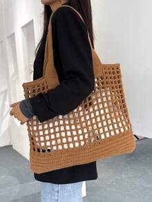 大容量休閒中空設計購物袋編織袋,適用於十幾歲的女孩,女大學生,新手和白領工人,非常適合辦公室,大學,工作,商務,通勤,戶外,旅遊,郊游 - 彩色 - 查看 1