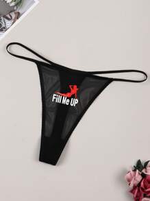 Tanga De Encaje Transparente Estampada Y Sexy De Talla Grande - Negro - Ver 2