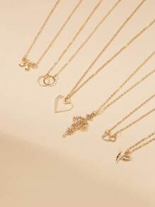 6pcs/Set Bowknot Heart Bird Circle Combination Alloy Necklace Valentines - Yellow Gold - View 2