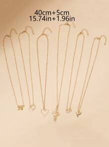 6pcs/Set Bowknot Heart Bird Circle Combination Alloy Necklace Valentines - Yellow Gold - View 3