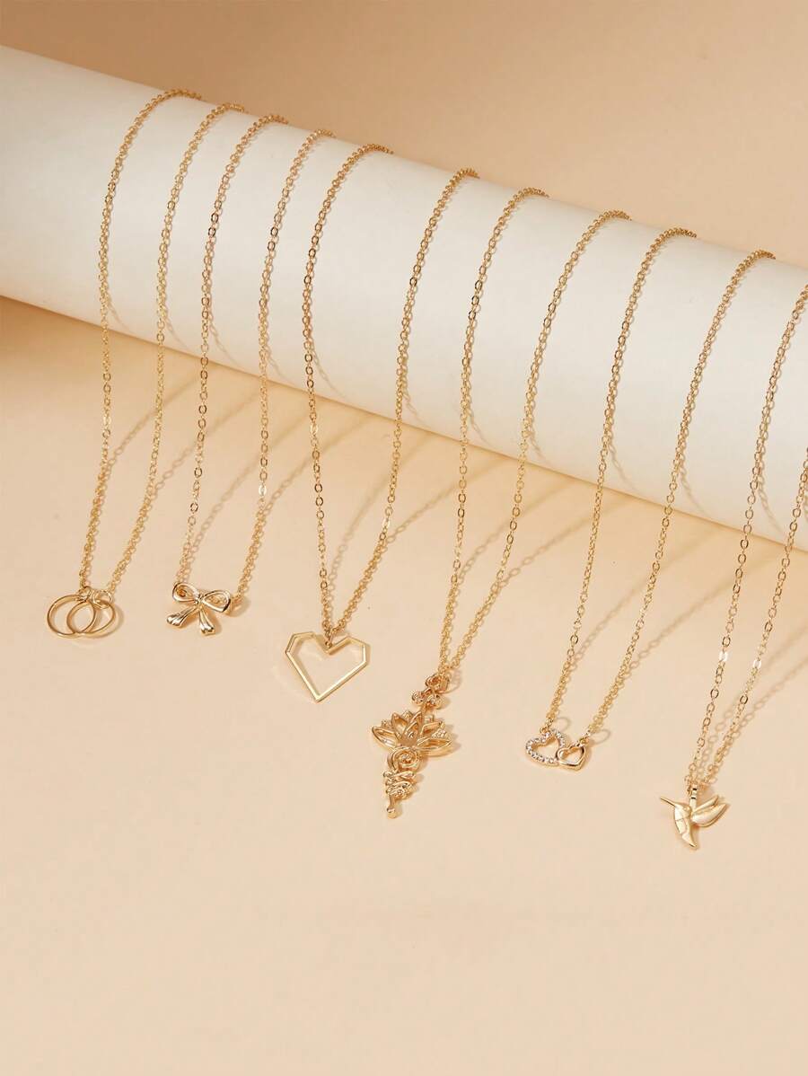 6pcs/Set Bowknot Heart Bird Circle Combination Alloy Necklace Valentines - Yellow Gold - View 1
