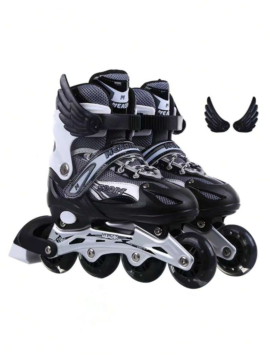 Adjustable Inline Skates With Protective Equipment 4 Wheel Skates For Children Ideal For Gift - 黑色 - 查看 1