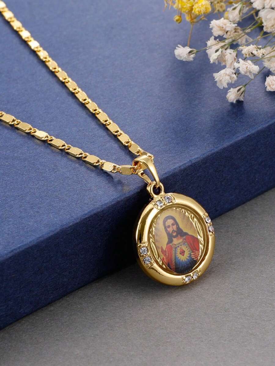 1 件时尚镀金闪亮水晶莱茵石耶稣圆形吊坠项链男士 - 金黃色 - 查看 1