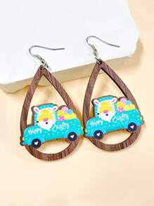 1對卡通木製和水滴形狀中空耳環,帶有復活節兔子,汽車和快樂復活節彩蛋形吊墜,適用於派對或節日裝扮,是給朋友的好禮物 - 彩色 - 查看 15