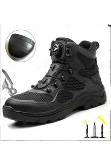 工作鞋男靴防砸工作鞋带钢头鞋男工作靴防刺运动鞋男式钢头防砸防刺橡胶底低帮时尚耐磨工作鞋，男式四季工作靴 - 黑色 - 查看 4