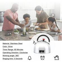 60 Minute Mechanical Kitchen Timer, Teapot Shaped Cooking Timer Clock, Stainless Steel Wind Up Dial Rotating Countdown Egg Timer, Sets From 0 To 60 Minutes - Silver - View 4