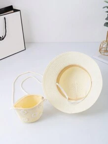 1pc Girls' Sun Hat & Crossbody Bag Set With Small Daisy & Dual Colored Flower Decorations, Perfect For Beach - White - View 4
