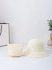 1pc Girls' Sun Hat & Crossbody Bag Set With Small Daisy & Dual Colored Flower Decorations, Perfect For Beach - White - View 3