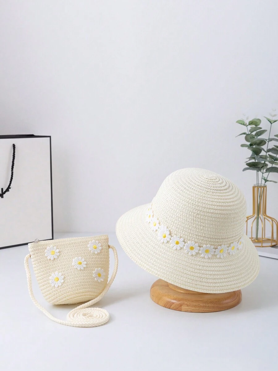 1pc Girls' Sun Hat & Crossbody Bag Set With Small Daisy & Dual Colored Flower Decorations, Perfect For Beach - White - View 1