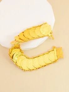1Pc Simple Vintage Gold Coin Detail Bracelet  For Women Perfect For Wedding  Festivals - Yellow Gold - View 4