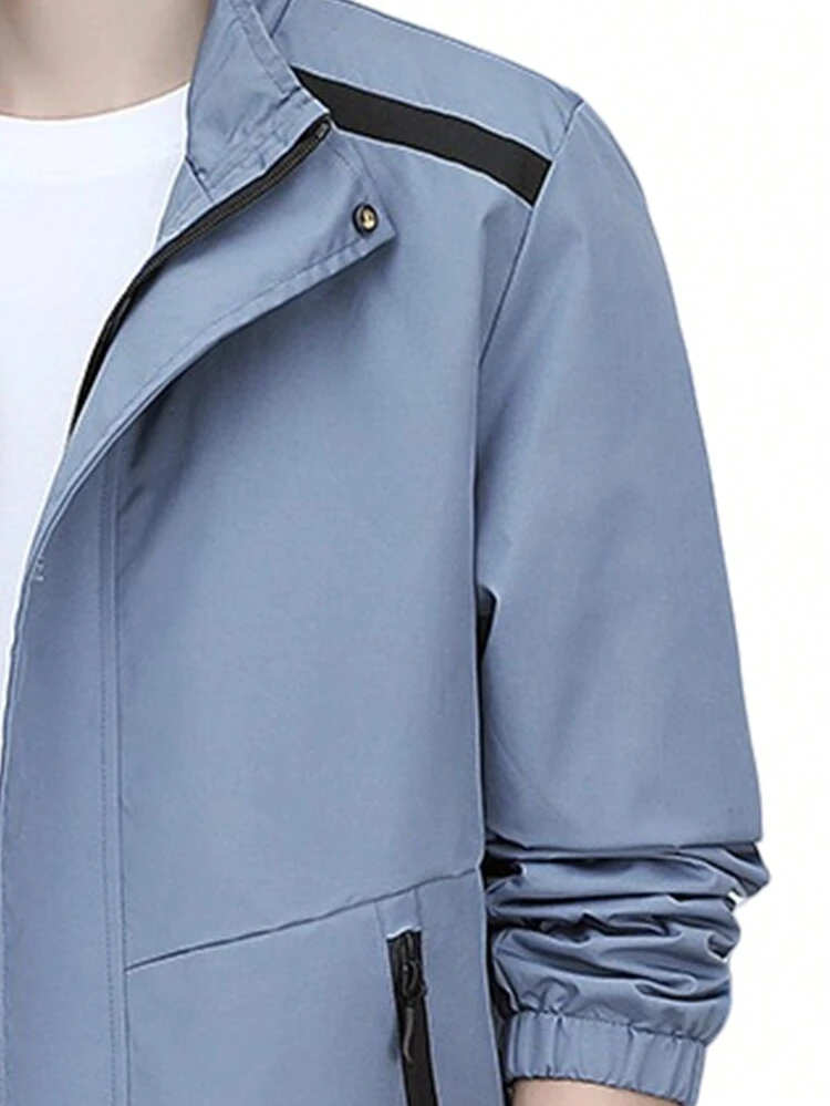 Jaqueta Casual Versátil com Gola Alta Masculina, Primavera/Outono - Azul - Visão 3