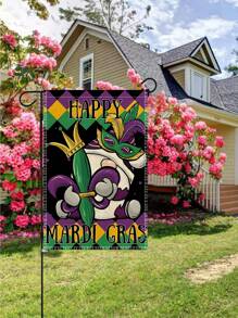 1pc Happy Mardi Gras Theme Garden Flag, Double Sided Linen Print Festival Yard Decoration Flag For Outdoor Home Lawn - Multicolor - View 5
