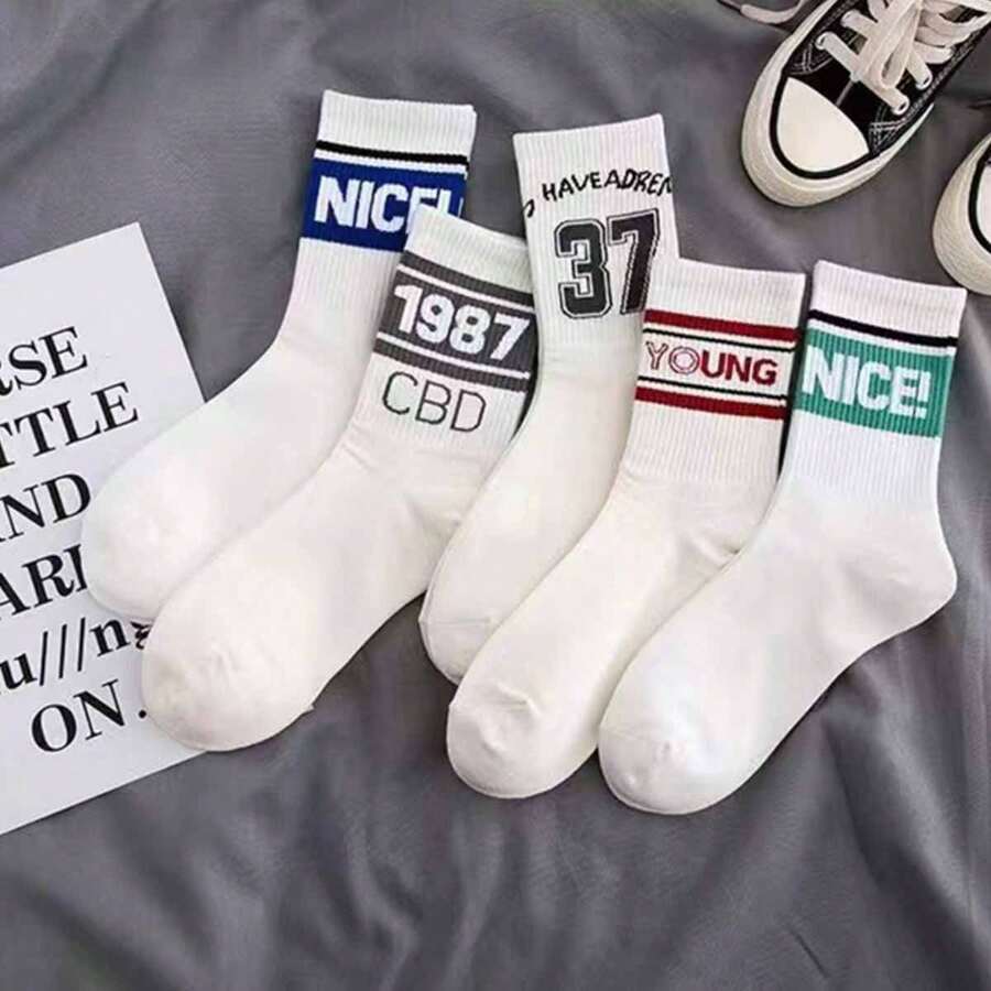 5 双简约黑白条纹字母印花女士中筒袜，时尚街头风格及膝袜，韩版运动袜，四季皆宜 - 彩色 - 查看 1