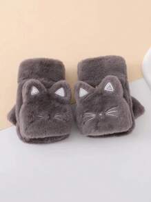 1 Pair Women's Cat Cartoon Convertible Half Finger Gloves, Warm Plush Lining Thick Winter Gloves