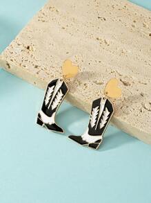 1 对 Y2k 波西米亚风格合金几何心形和牛仔靴形吊坠耳环，带彩色图案，适合女性，适合日常佩戴、度假、旅行、交友或情人节礼物 - 黑與白 - 查看 1