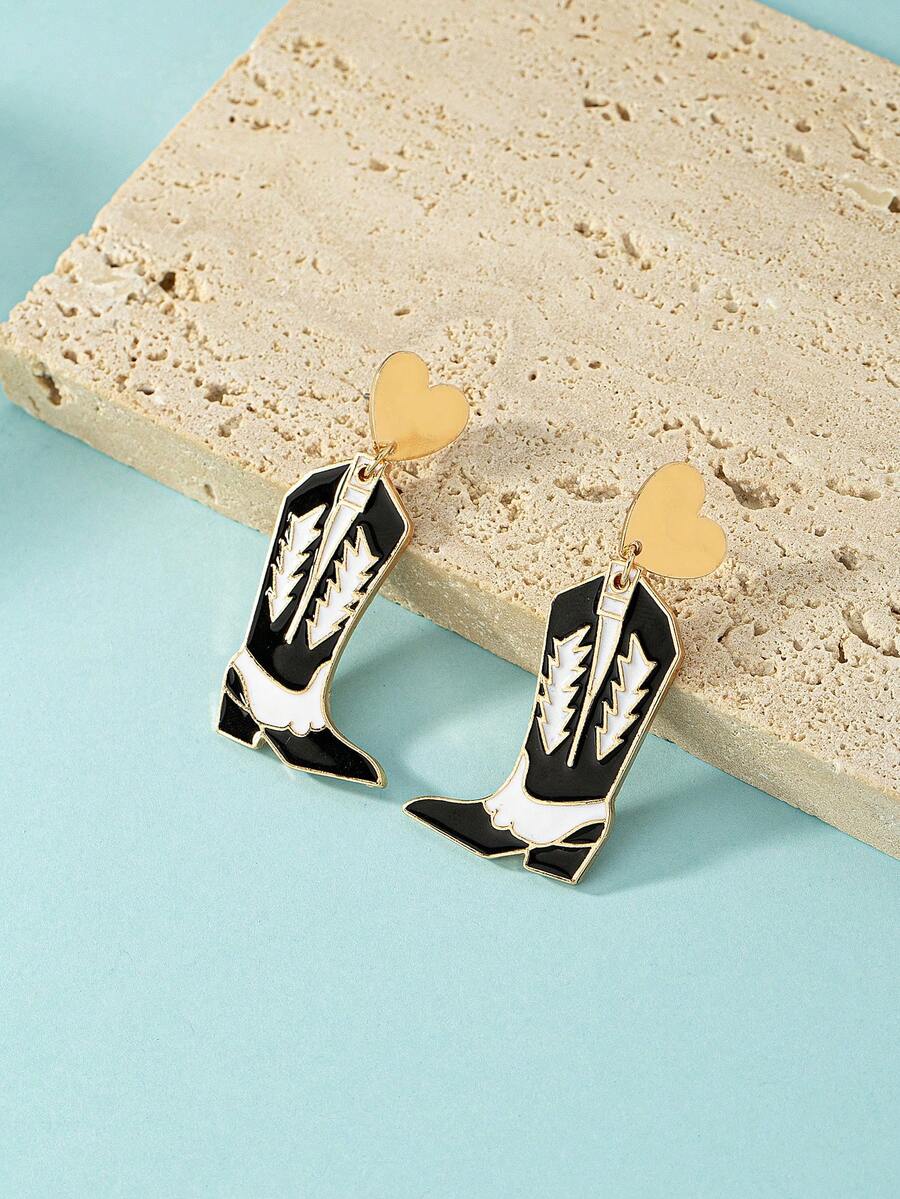 1 对 Y2k 波西米亚风格合金几何心形和牛仔靴形吊坠耳环，带彩色图案，适合女性，适合日常佩戴、度假、旅行、交友或情人节礼物 - 黑與白 - 查看 1