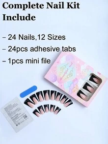 24入組XXL鴨仔壓克力假指甲，黑色法式邊緣設計，適用於女孩和女性，附贈果凍膠1片及磨砂條1片 - 彩色 - 查看 2