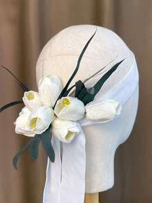 1 件裝新娘鬱金香絲帶頭帶優雅天鵝絨婚禮髮帶頭飾韓國時尚頭飾女式髮飾 - 白色 - 查看 3