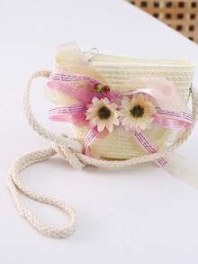 1套女孩可愛公主草帽,花卉布帶,斜背包,遮陽帽,適用於公主外出或日常使用 - 米色 - 查看 2